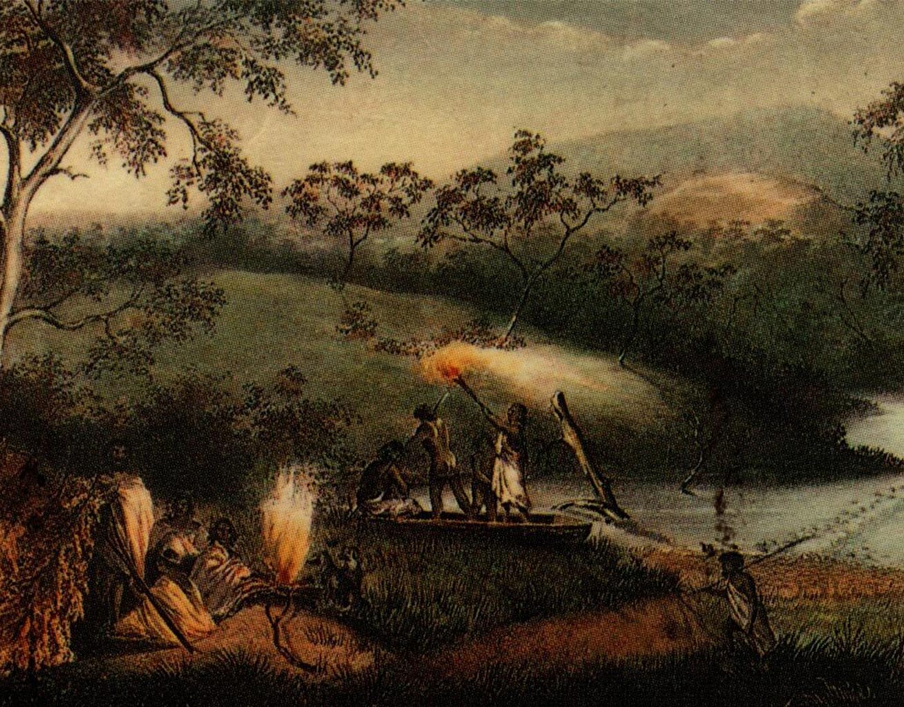 Old style painting of Aboriginal people living besides a creek